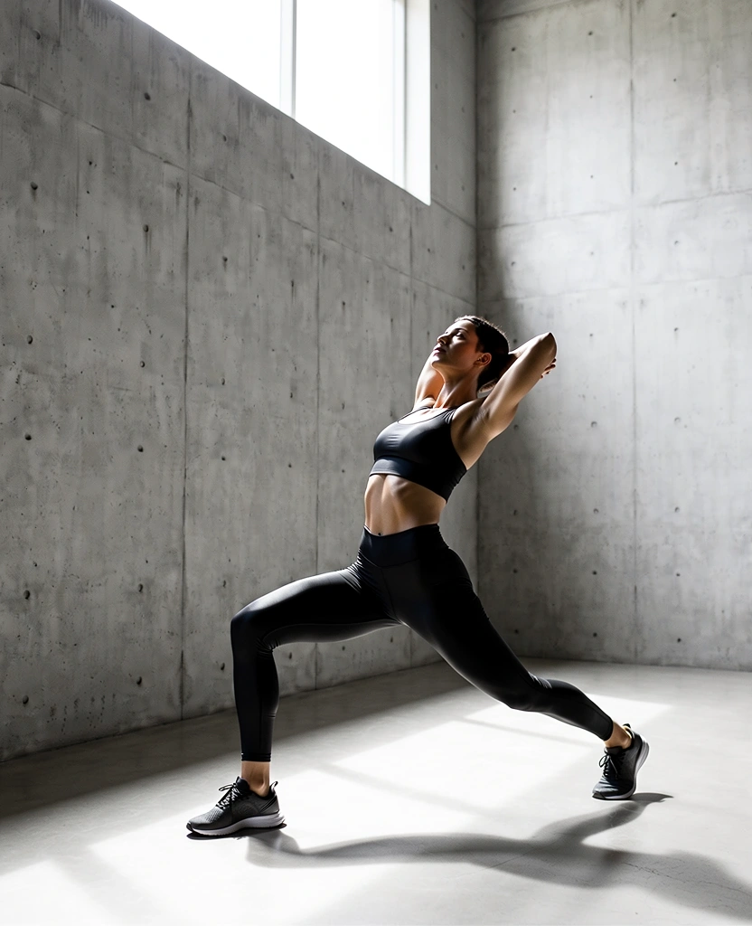 Persona realizando estiramientos en un entorno minimalista y luminoso